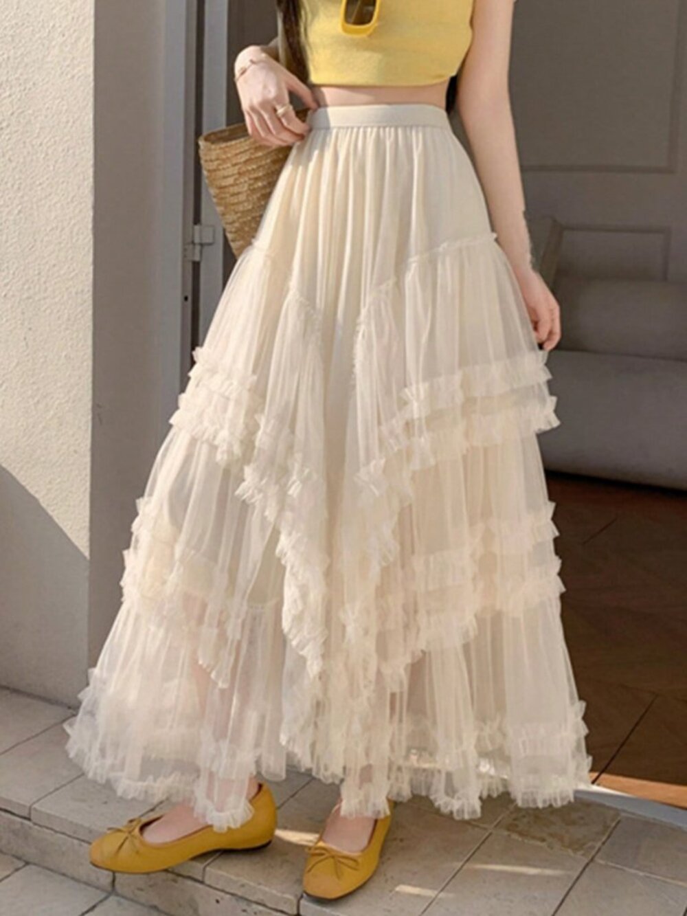 Apricot Casual Women's Sheer Ruffle Detail Skirt